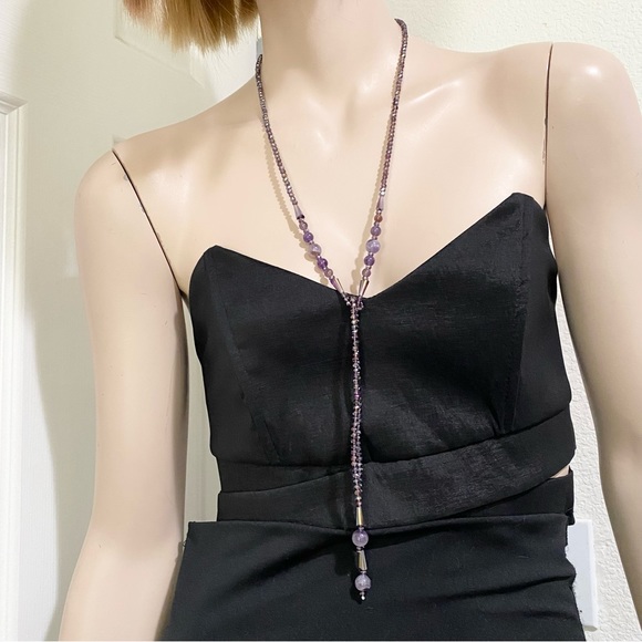 Handmade Amethyst Stone AB Purple Crystal Beads Lariat 40” Necklace - Picture 2 of 16